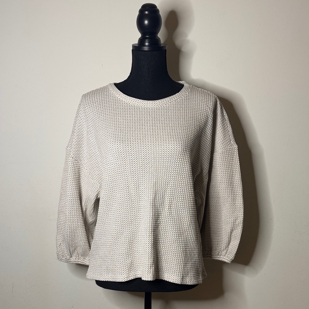 Ann Taylor Textured Knit Balloon Sleeve Top Cream Beige Waffle Knit NWT Size M